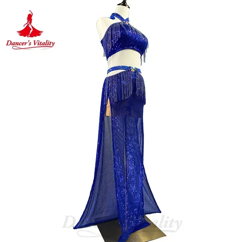 BellyDance Costume Suit Women\'s Customization Sleeveless Fringe Top+sequin Split Long Skirt Oriental Dance Performance Costumes