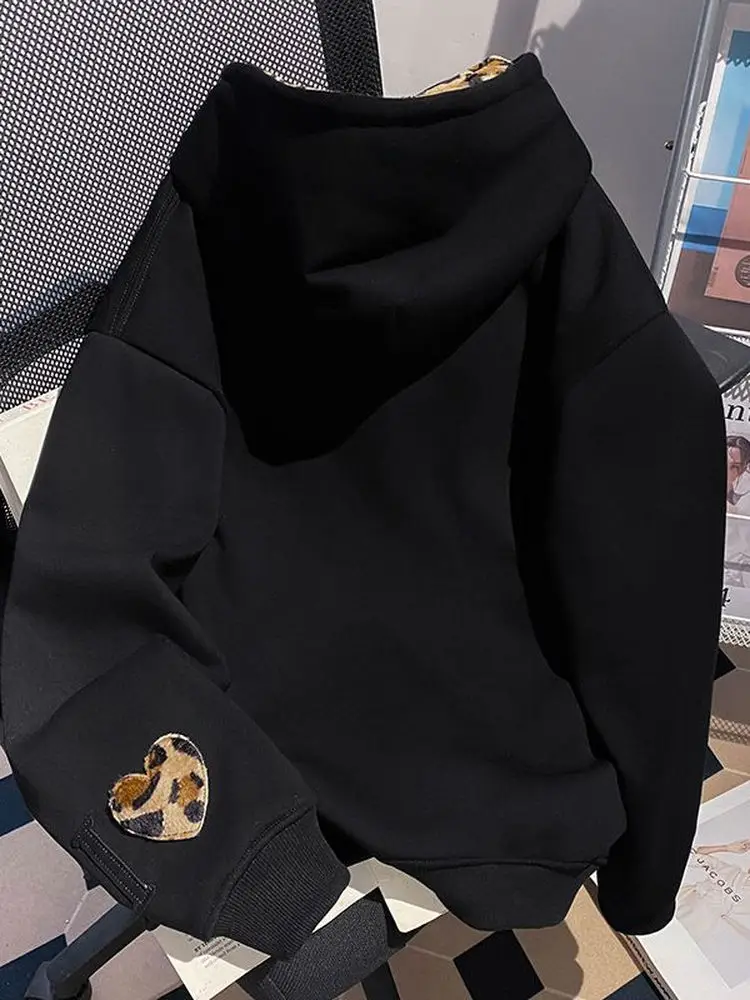 Bluza z kapturem plus size 300 Pou w stylu amerykańskim retro, haftowana, w panterkę, damska, jesienno-zimowa, ocieplana, z podszewką.