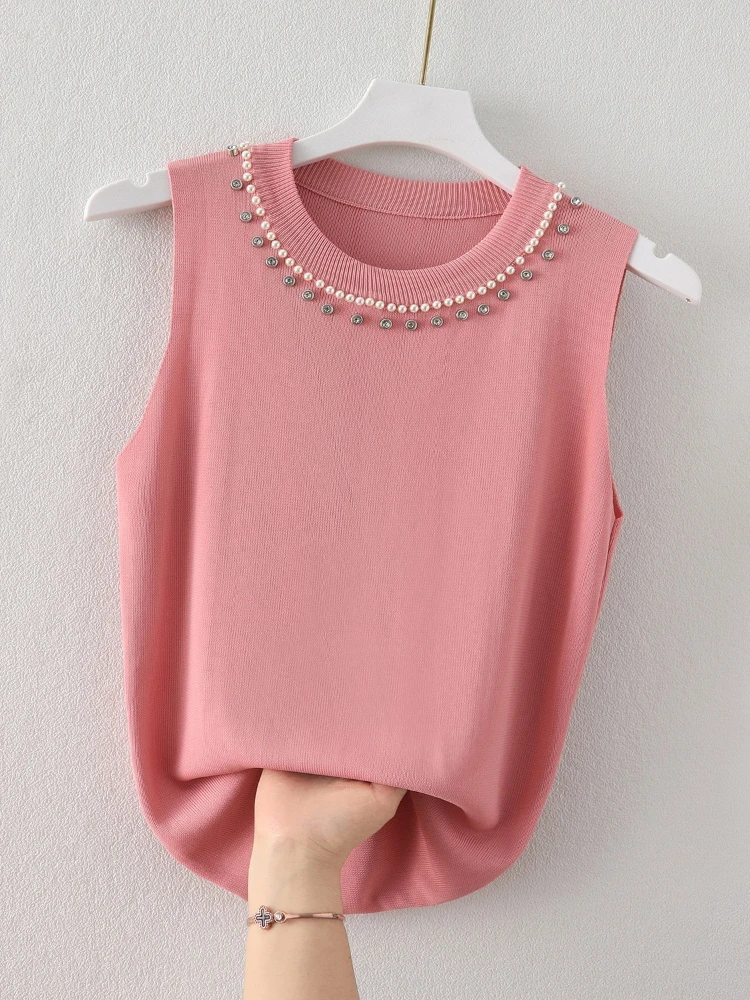 Zjaiss Perlenbesetztes ärmelloses Unterhemd 2026 Frühling Sommer Neu Damen Camisole Weste Einfarbig Vielseitiges Tanktop