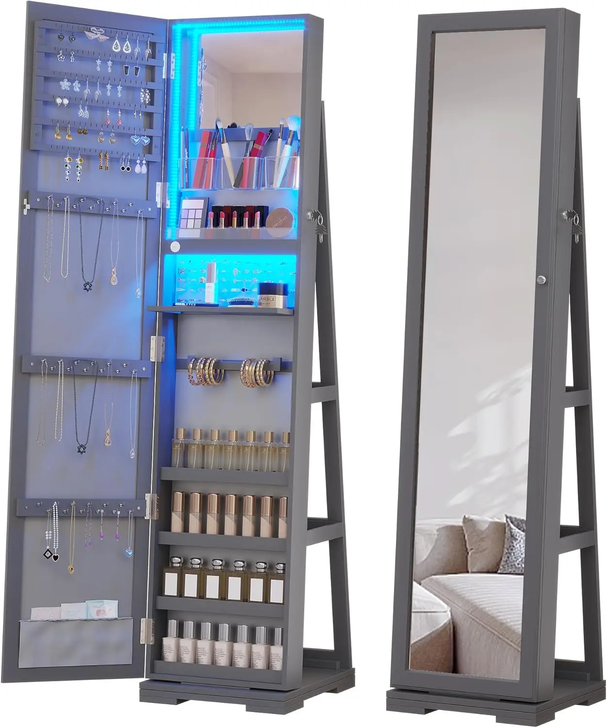 LED Jewelry Armoire with Full Length Mirror, Lockable Mirror with Storage with 3 Color Lights, 360° Swivel Jewelry Cabinet