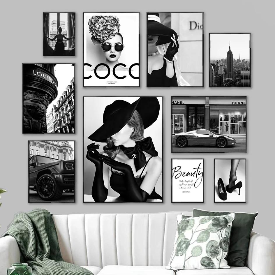 Modern Black White Fashion Woman Poster Luxury Car Newyork Landscape Decorative Paintings Canvas Wall Art Photos Room Home Decor