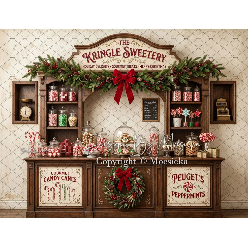 Mocsicka Santa Sweet Shop Backdrop Photography Christmas Candy Store Gingerbread Cookie Shop Background Kid Holiday Family Photo