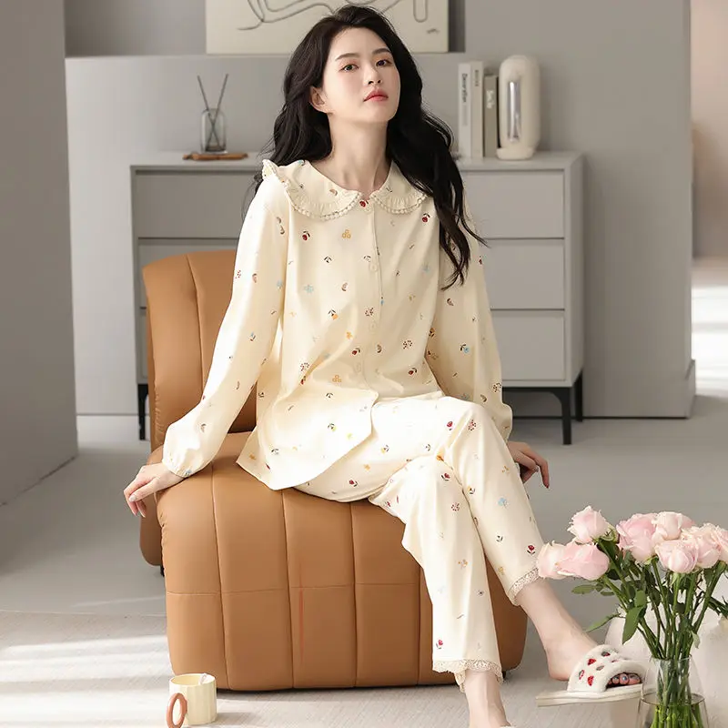 Extra Grote Maat Losse Pyjama Lente Vrouwen Puur Katoenen Lange Mouwen Sweet Homewear Pak Koreaanse Stijl Casual Nachtkleding Set 2024