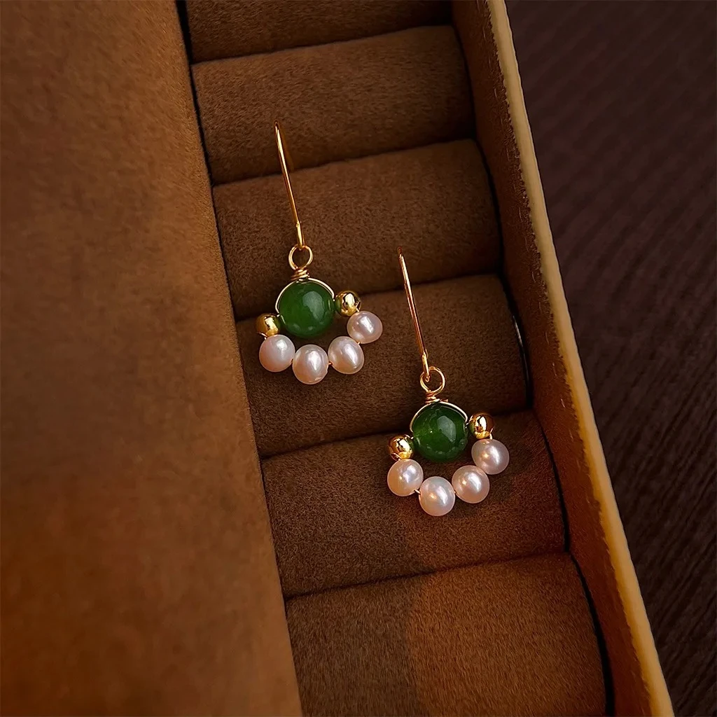 High Quality 3-4mm Freshwater Pearl Earrings Green Agate Retro Style Pearl Earrings Jewelry Gift 2026 New Arrivals