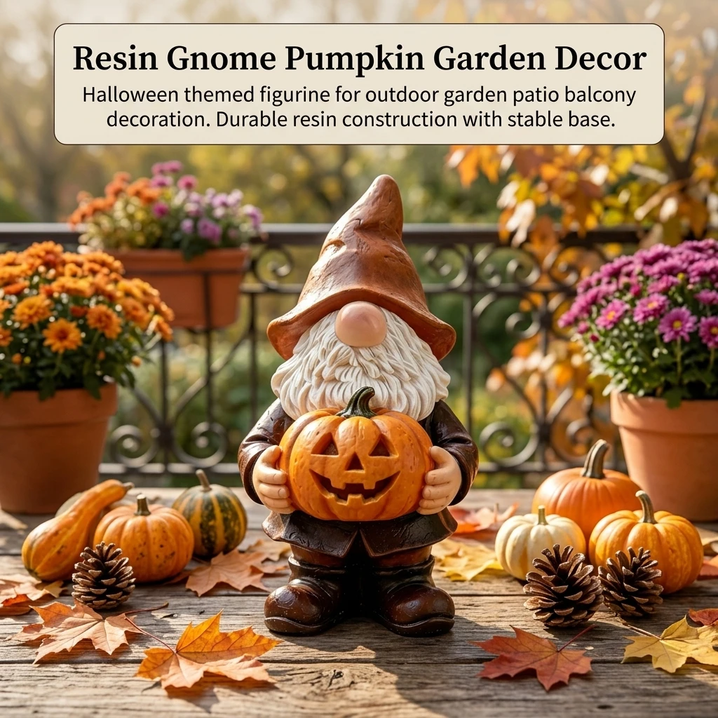 Halloween Resin Gnome Pumpkin Holding Statue 1 Piece Outdoor Garden Decor Figurine with Stable Base Design for Yard Patio