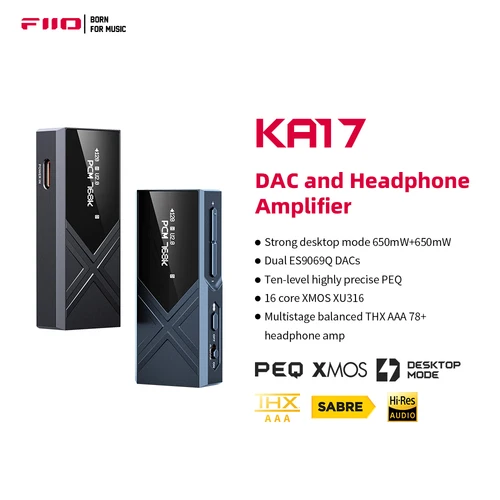 FiiO KA17 Tragbarer USB-DAC-Audio-HiFi-Decoder, Dual ES9069Q PCM768 DSD512 3,5/4,4 mm Ausgang für Android iOS Mac Win10