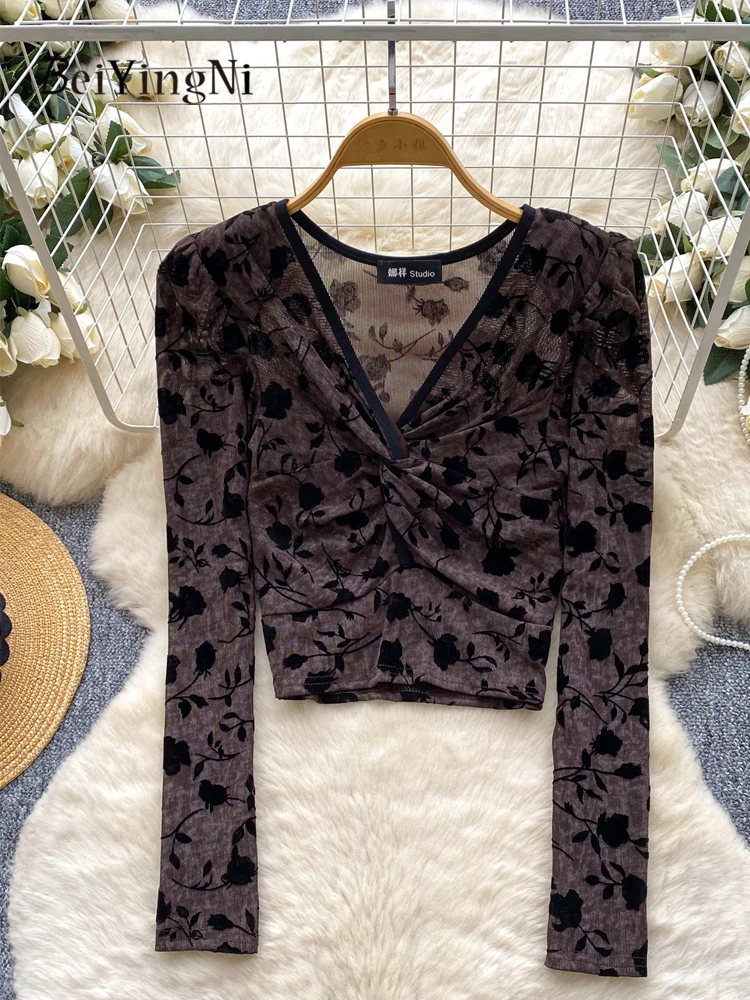 

Beiyingni французский дизайн с v-образным вырезом Blusas женские флокированные сетчатые осенне-зимние женские топы с длинными рукавами и рюшами повседневные блузки Kpop рубашка