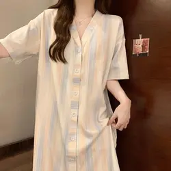 Striped Women Nightgown Summer Korean Sleepwear V-neck Night Dress Button One Piece Pajamas Short Sleeve Loose Home Wears 2024