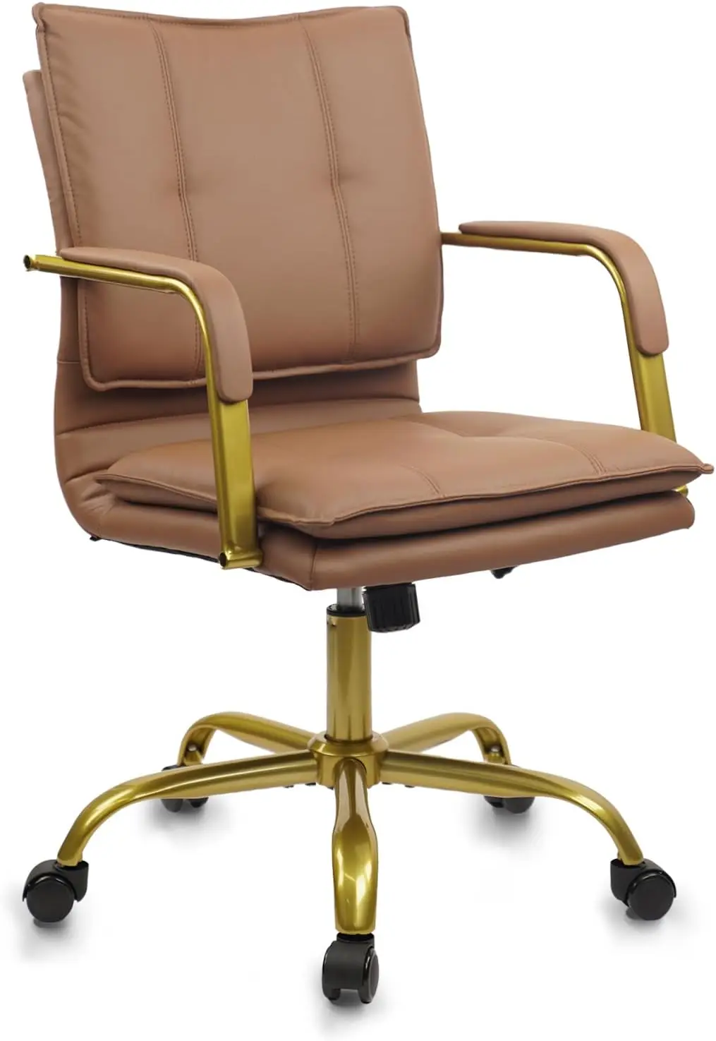 

Leather Home Office Desk Chairs, Swivel Mid-Ba Computer Chair With Golden Legs And Arms, Comfy Upholstered Task Chair With