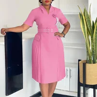 Vestidos de fiesta elegantes para mujer, cuello en V, manga corta, cinturón, cintura plisada, media pantorrilla, moda para mujer, ropa de noche para cena de cumpleaños