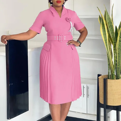 Vestidos de fiesta elegantes para mujer, cuello en V, manga corta, cinturón, cintura plisada, media pantorrilla, moda para mujer, ropa de noche para cena de cumpleaños