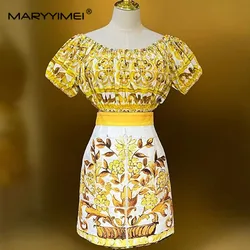 MARYYIMEI Spring Summer Women's Suit Cotton Short-Sleeved Folds Tops+Cotton Baroque Print Half Skirt Two Piece Set