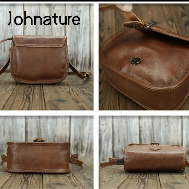 Johnature Vintage Natural Real Cow Leather Women Bag 2024 New Versatile Solid Color Soft Cowhide Small Square Shoulder Bags