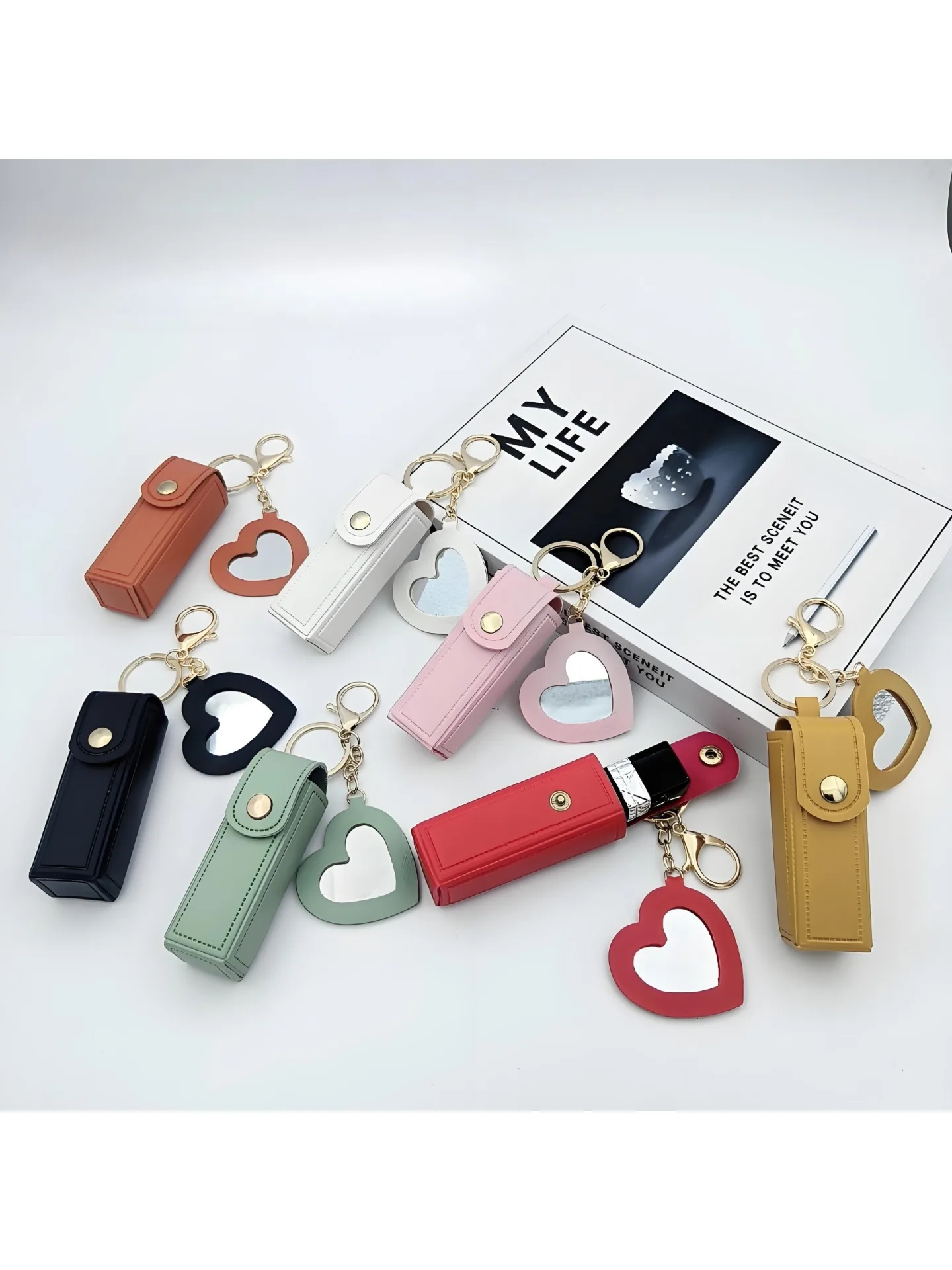 Pochette de rouge à lèvres en cuir Pu de couleur unie, porte-clés pendentif miroir Portable, sac de rangement de mode, accessoires de maquillage pour femmes