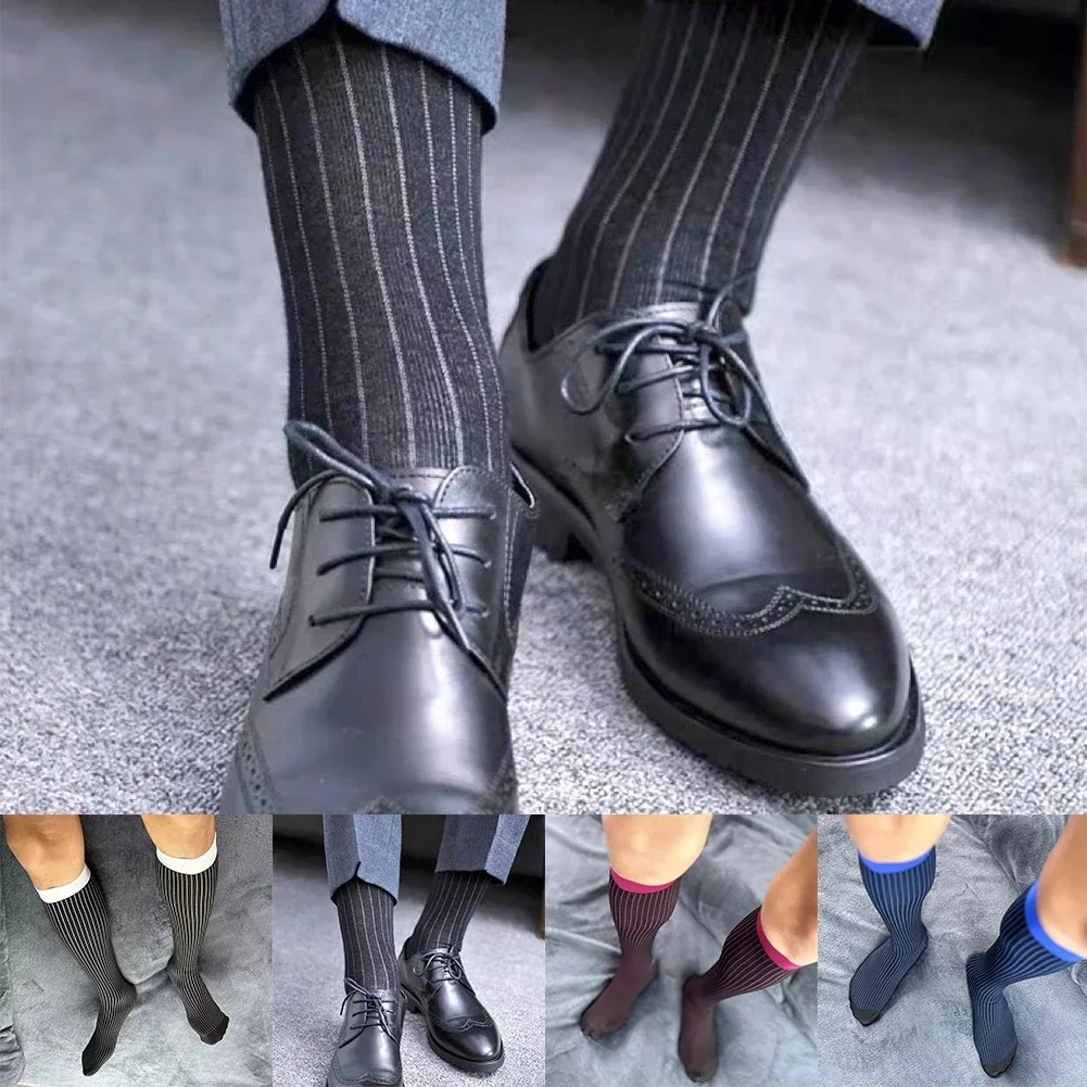 1 Pairs Mens Ribbed Dress Socks Fashion Stretch Casual Striped Breathable Business Formal Socks Japanese Men\'s Silk Stockings