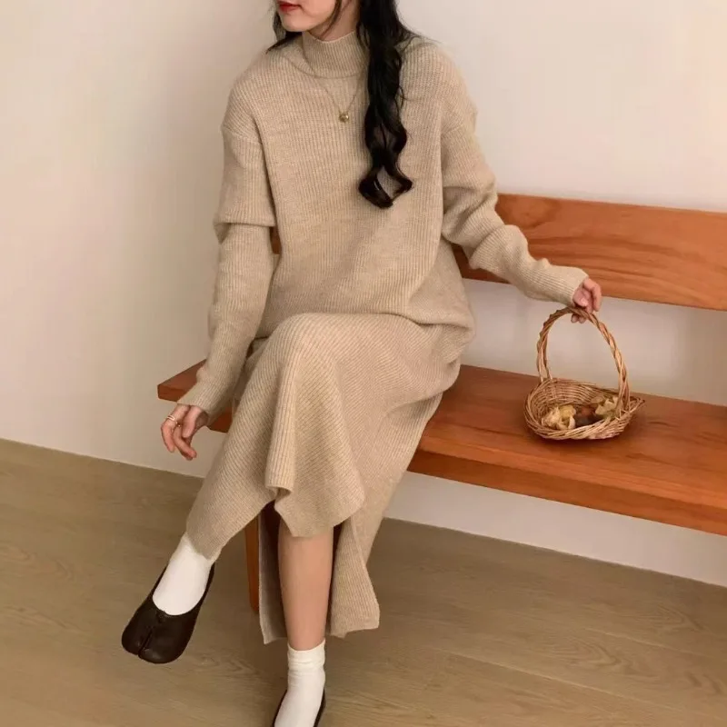 Sweater Dress Autumn 2025 Winter New Half-high Collar Pit Sweater Dress Women's Lazy Style Loose Split Inner Knitted Long Dress