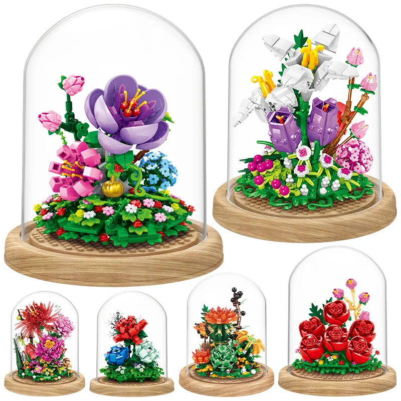 

Flower Rose Bouquet Building Kit with Cover Display Box Diy Flower Botanical Collection Building Blocks Bricks Desk Home