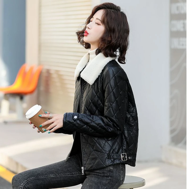 2023 Autumn Winter New Short Cotton Padded PU Leather Jacket Women Fashion Slim Large Size Outwear Temperament Casual Jacket