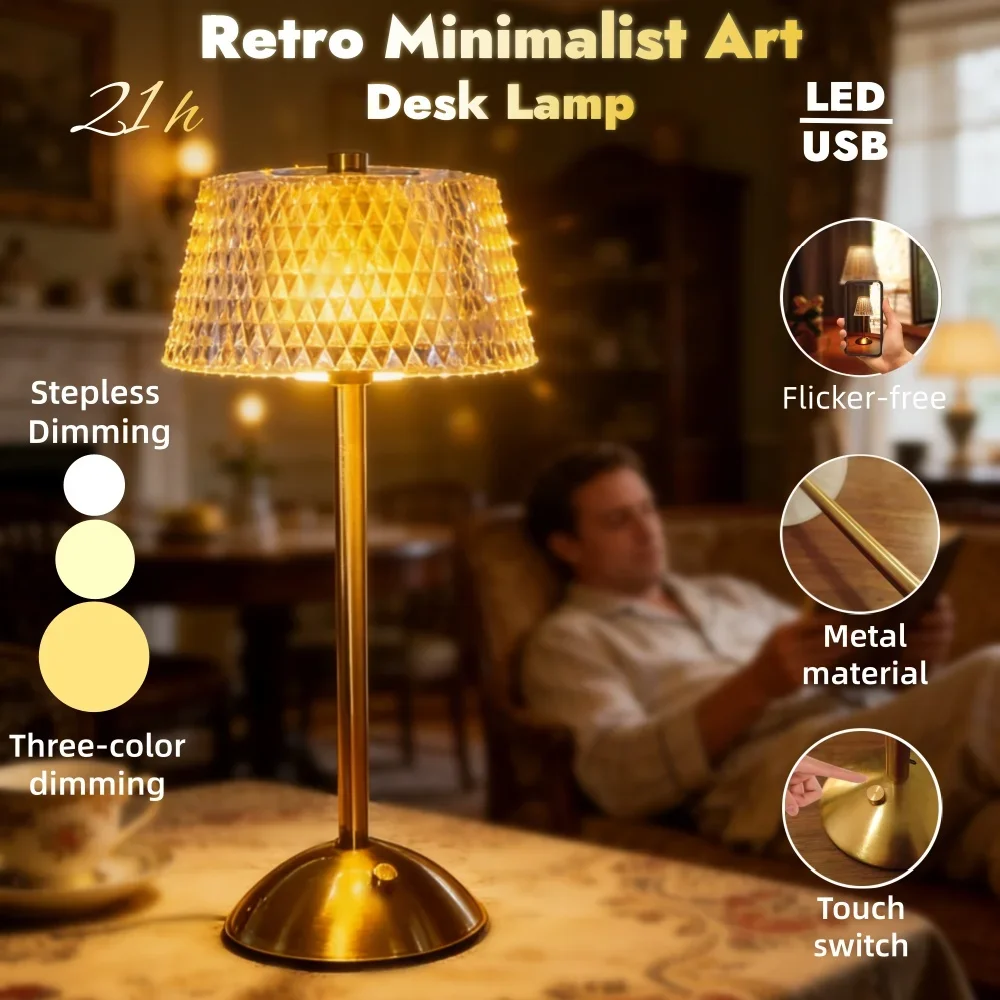 KFV LED Retro Tischlampe USB Wiederaufladbare Leuchte Kaffeebar Touch Dimmbare Kristall-Schreibtischlampe Schlafzimmer-Deko Vintage Tischlampen