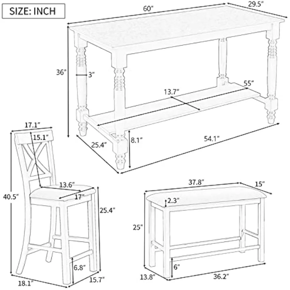 Conjunto de mesa de jantar de 6 peças, mesa de jantar retangular de madeira com altura externa com 4 cadeiras e um banco, conjunto de jantar moderno para 6 pessoas