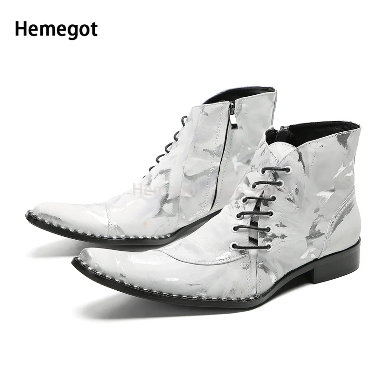 

Men's Fashion Gray White Silver Graffiti Boots Lace Up Side Zipper Boots High Top Shoes Brogue Style Men's Outdoor Shoes