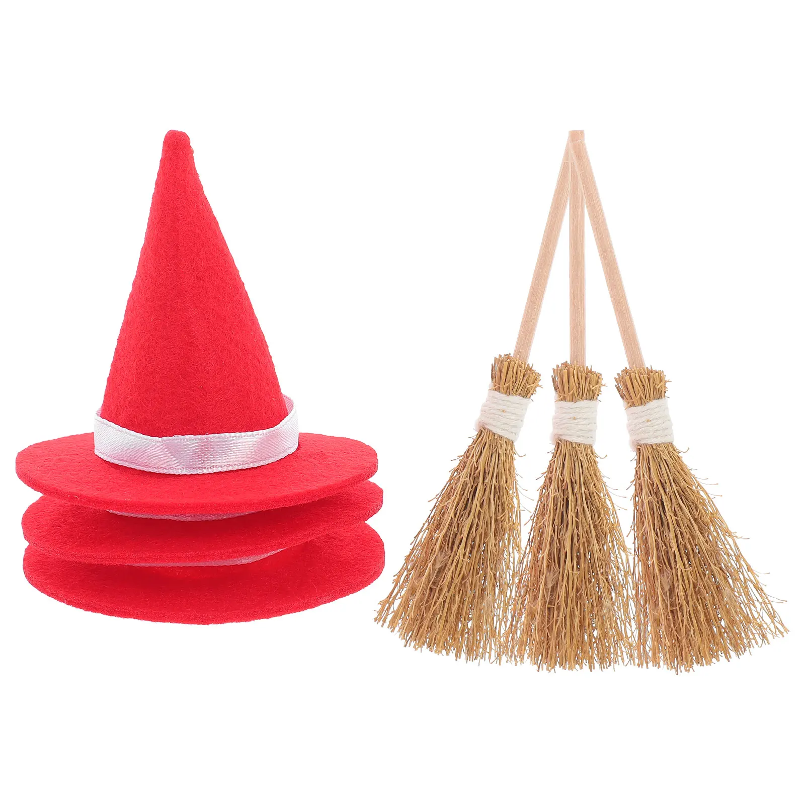

3 set Hats Broom Set Red Felt Cloth Witch Hat Small Broom DIY Halloween Party Decoration Craft Supplies