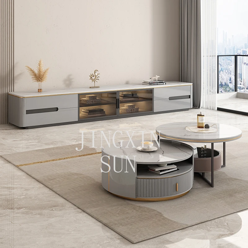 

Rock slab TV cabinet living room small apartment Italian light luxury modern simple marble coffee table glass door and floor cab