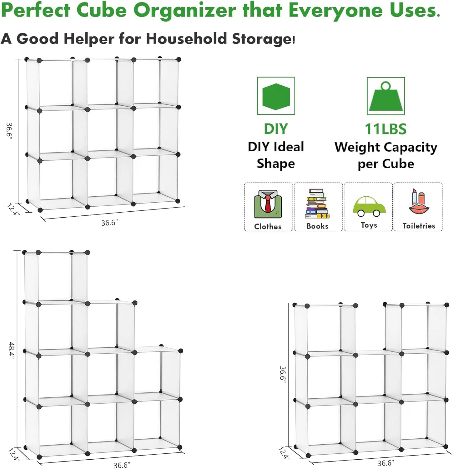 9-Cube Plastic Storage Organizer, DIY Stackable Bookshelf, Modular Shelving for Home Office Kids Room, Translucent White