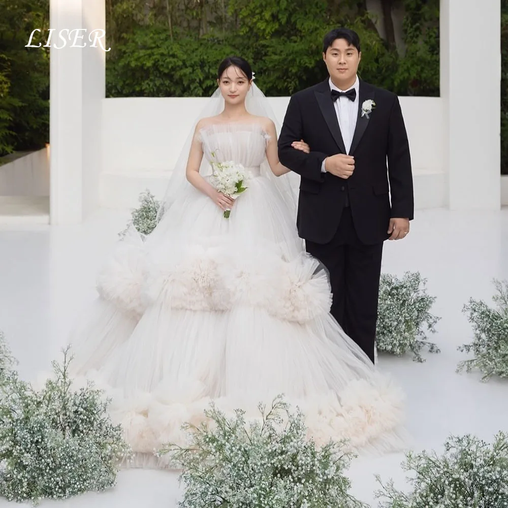 Liser Tiered A-Line Luxury Korea Wedding Dresses Silk Tulle Elegant Bridal Gowns Customized Ball Gowns Photo Shoot 웨딩드레스