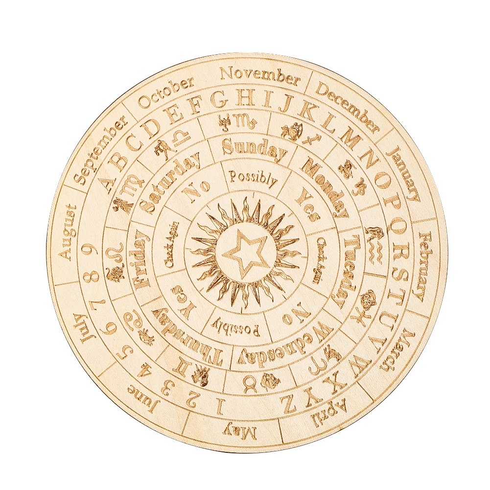Wooden Pendulum Board Engraved Alphabet Month Divination Disc Astrology Spirit Board for Jewelry Display Witchcraft Altar Decor