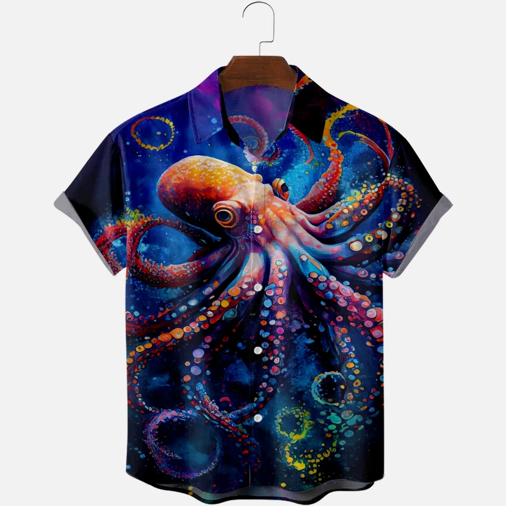 Hawaiian Shirts for Men Creative Octopus Print Shirts Short Sleeve Summer Beach Vacation Tops Breathable