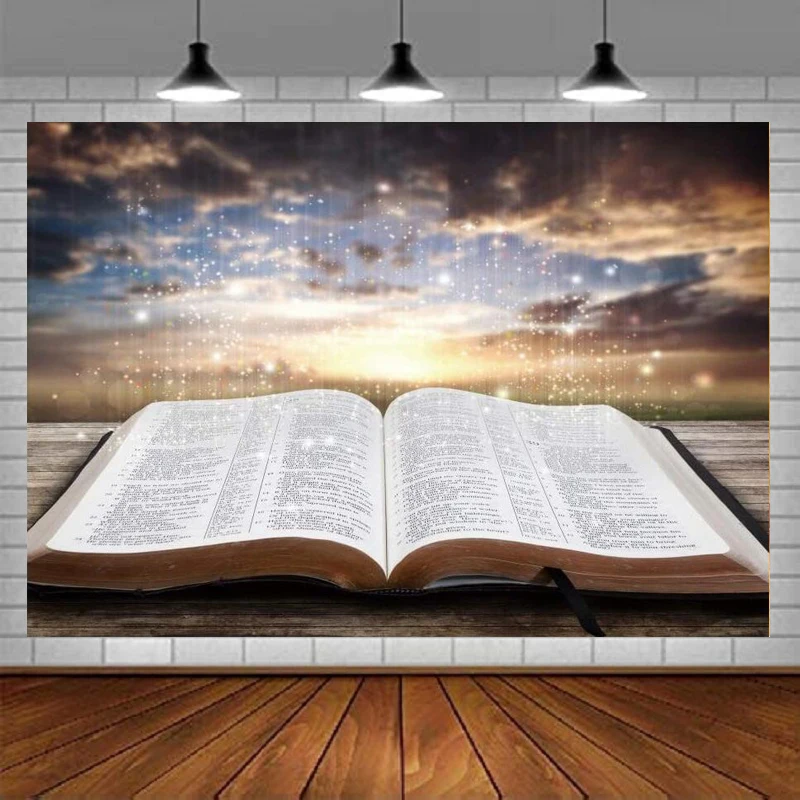 Jesus Christ Photography Backdrop Light Of Wisdom Emit from The Opened Bible Book Bokeh Sunset Glow Background Poster