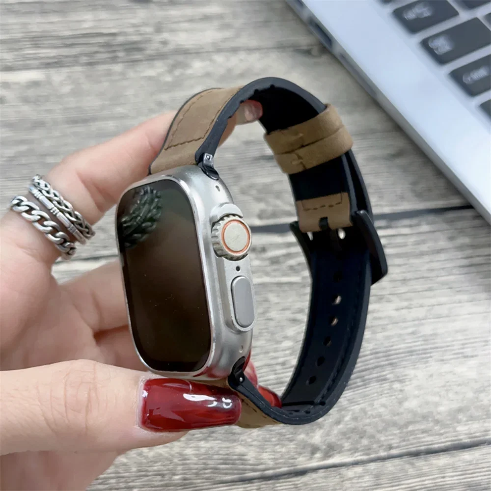 สายนาฬิกาหนังและซิลิโคนไฮบริดสำหรับนาฬิกา Apple อัลตร้าสายรัดพิเศษ49มม. 45มม. 44มม. 42มม. 41มม. 40มม. 46มม. กันเหงื่อ iWatch 9 8 7 6 5 4 10
