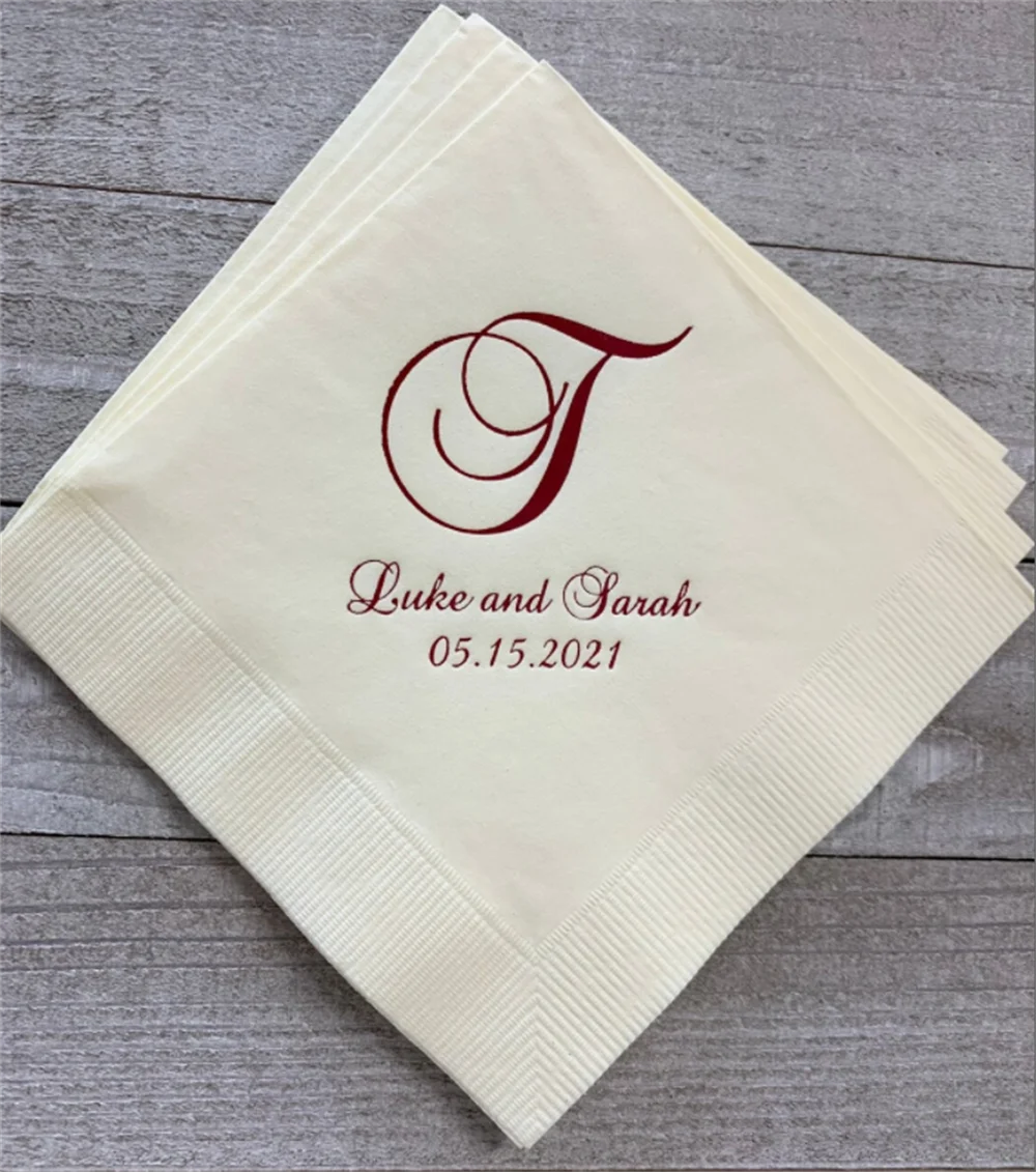 50PCS Personalized Wedding Napkins Cocktail Beverage Luncheon Dinner Guest Towels Monogram Custom Printed Foil Imprinting