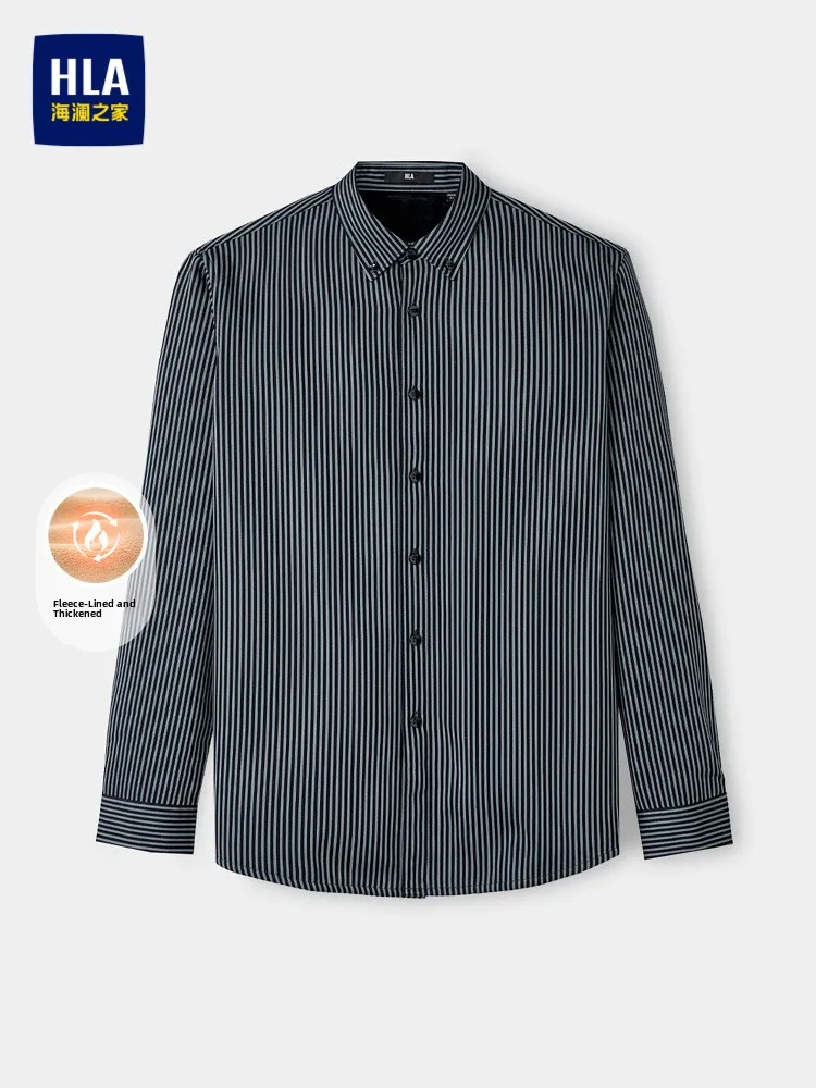 HLA Home Fashion Men's Long Sleeve Fleece Lined Shirt Point Collar Inner Layer Thermal Striped Casual Style Winter Coat