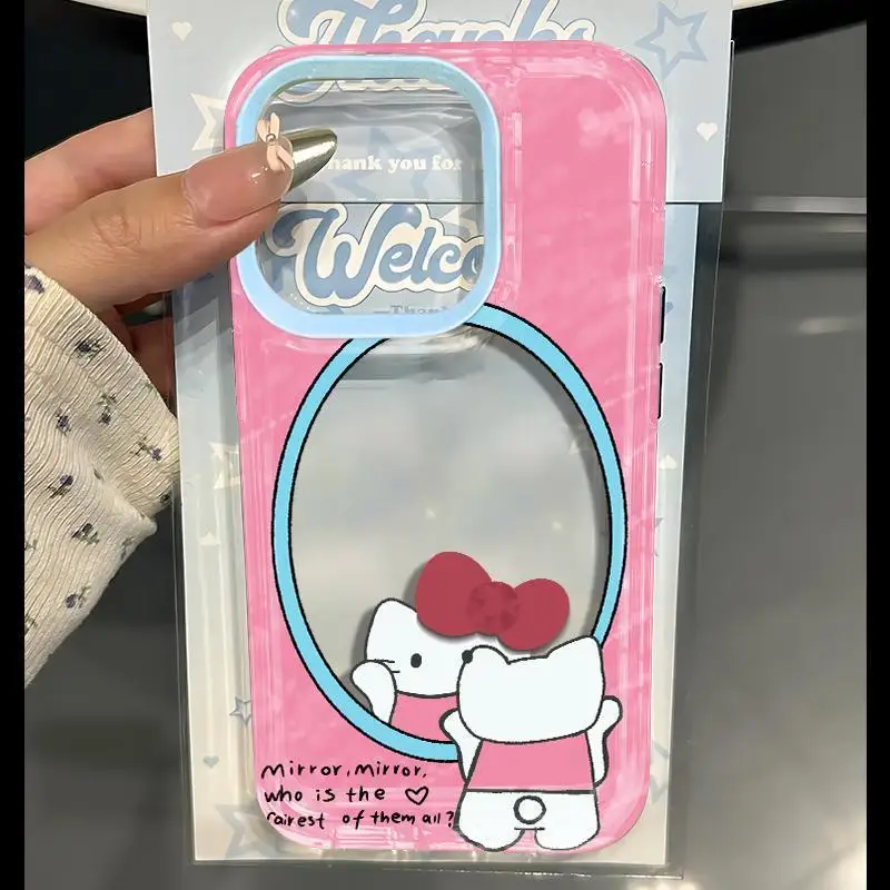 Looking Mirror Hello Kitty Pink Cute Phone Case For iPhone 15 14 13 12 11 Pro Max 7 8 Plus X XR XS MAX Y2K Anti Fall Soft Cover