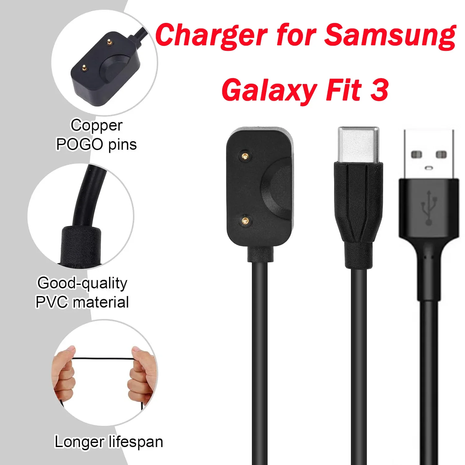 Cabo de carregamento para Samsung Galaxy Fit 3, cabo USB e Tipo-C para carregar o smartwatch Samsung Galaxy Fit 3 SM-R390.