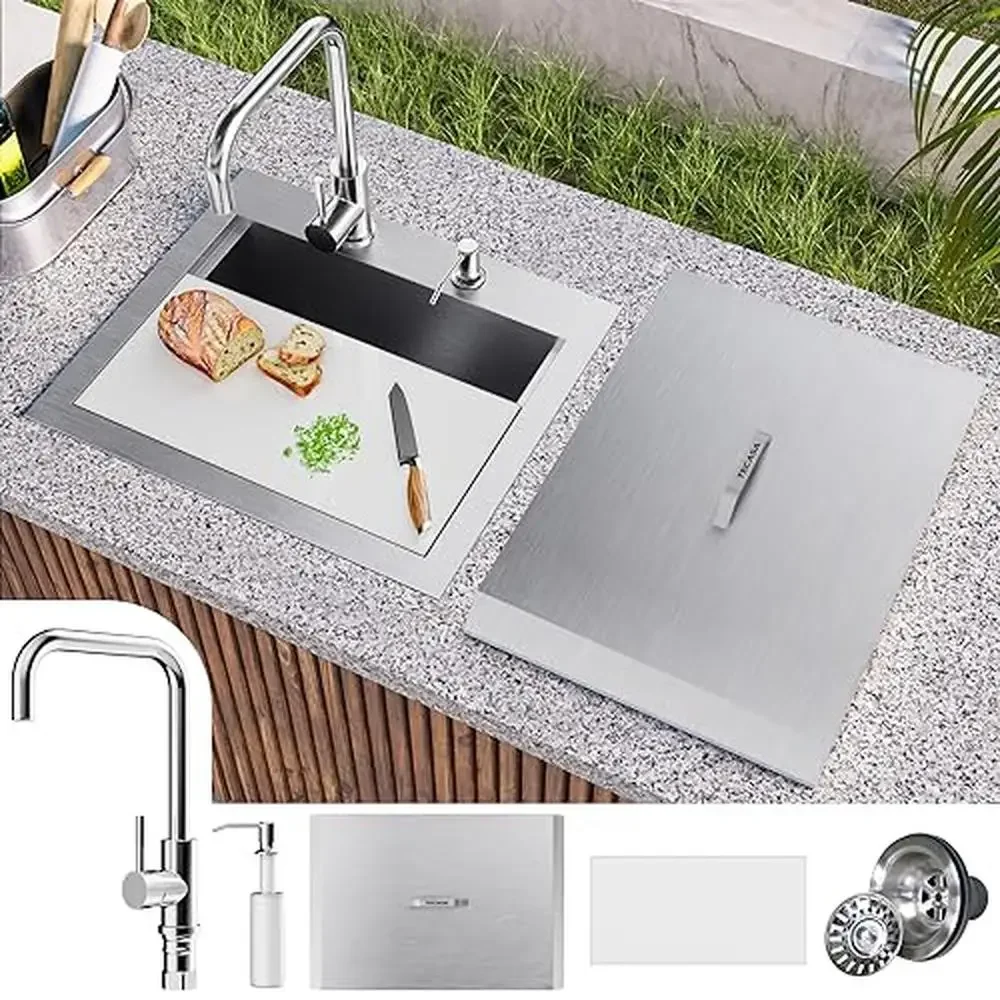 Stainless Steel Outdoor Kitchen Sink Bar Sink with Faucet Workstation Sink Kit and Dust Lid Easy Drop-In Installation 21 x 18