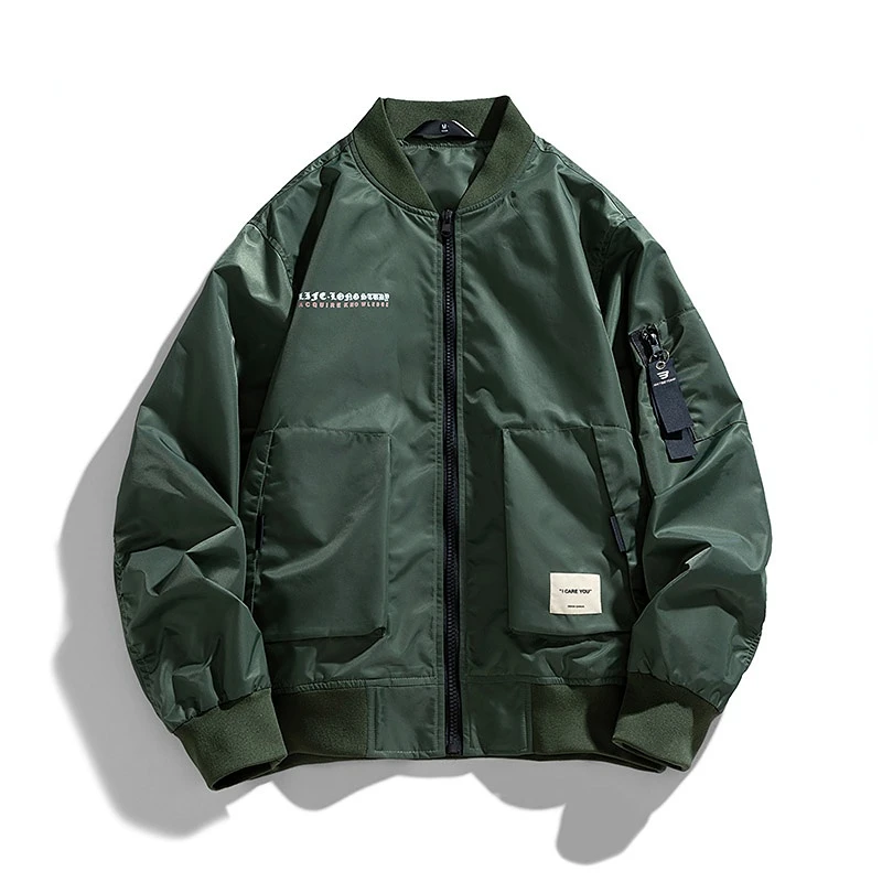 Chaqueta Bomber Vintage para hombre, chaqueta de piloto, abrigo de béisbol japonés con bolsillo, cortavientos, ropa de calle, verde caqui, primavera y otoño