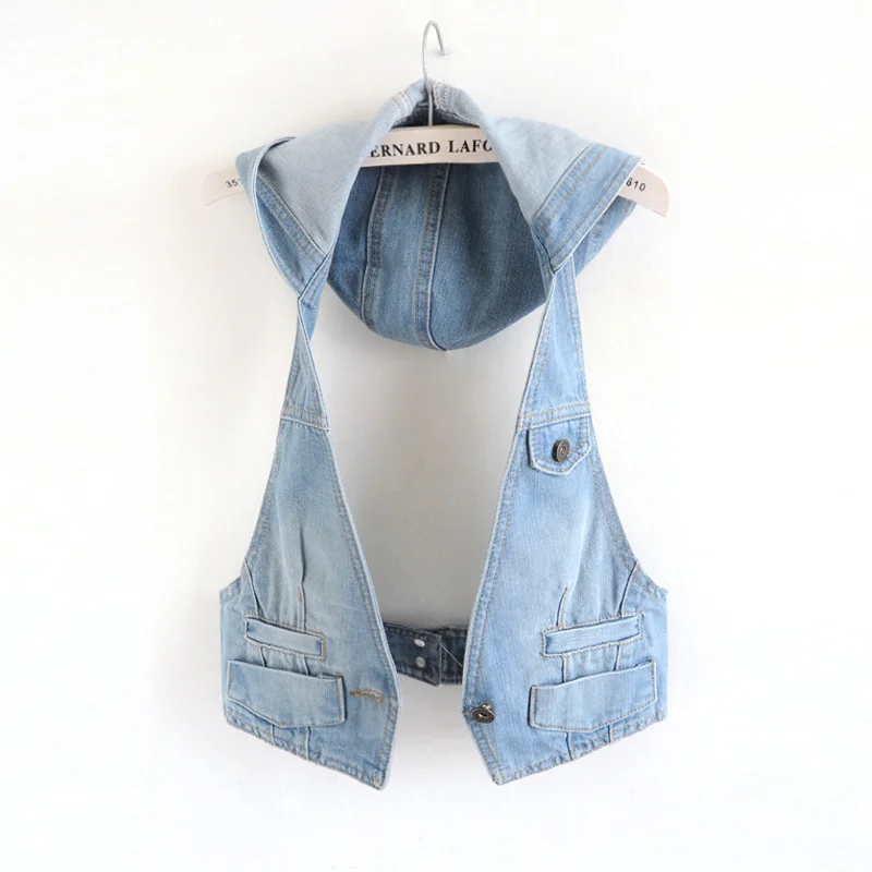 

Summer Korean Hooded Sling Denim Vest Women Wash Blue Waistcoat Student Sleeveless Jacket Slim Short Jeans Vests Female jackets