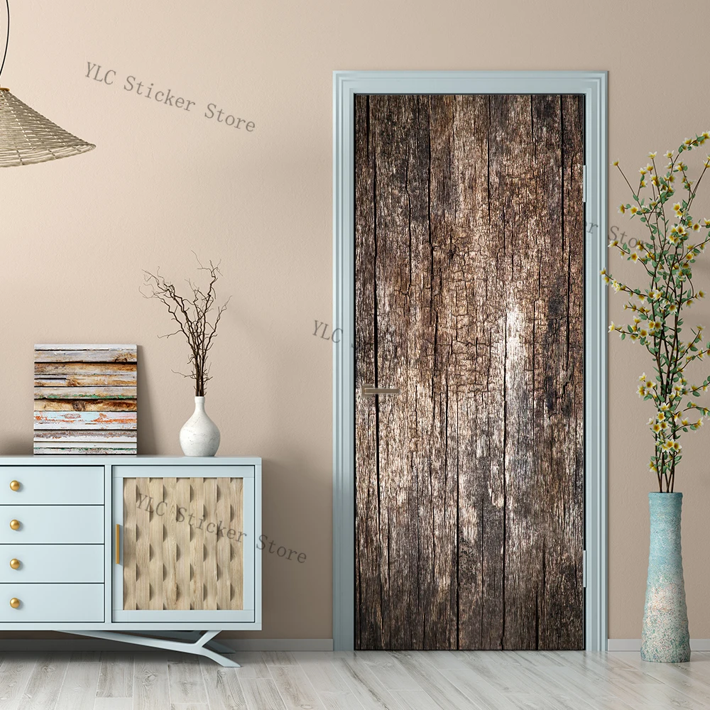 Vintage Wooden Door 3D Door Sticker Self-adhesive Door Cover Decals Wallpaper Bedroom Mural Living Room Home Decoration Poster