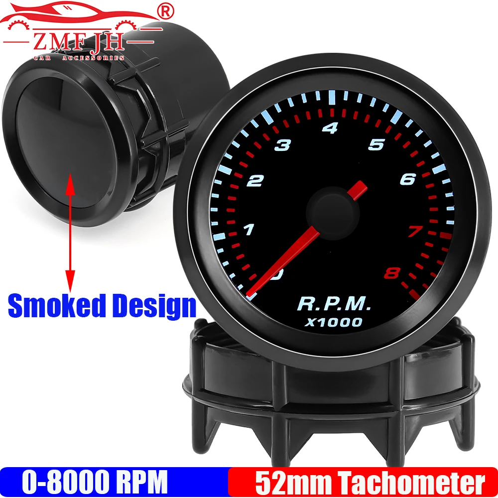 

ZMFJH указатель 2 "52 мм тахометр дымовая линза 0-8000 об/мин тахометр для 1-8 цилиндров бензиновый автомобиль 12 В белый светодиодный измеритель оборотов
