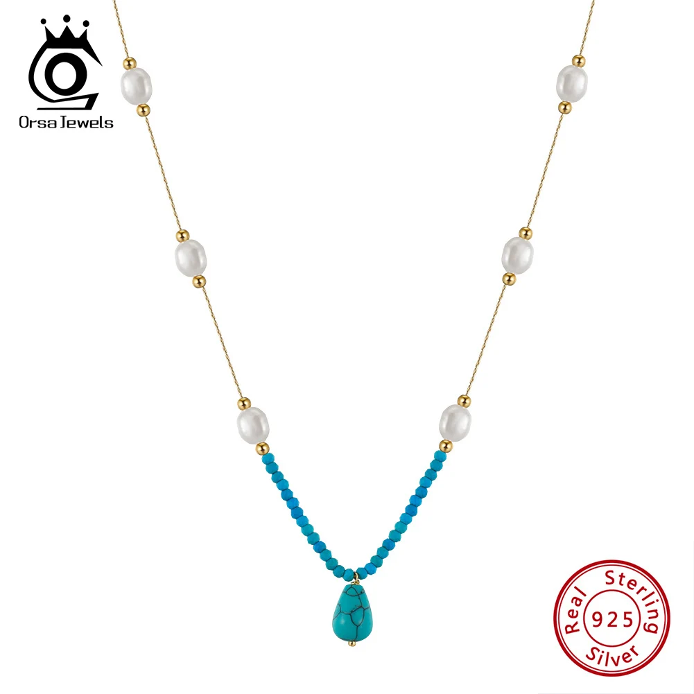 

ORSA JEWELS Unique 925 Sterling Silver Turquoise Necklace with Natural Pearls Choker Neck Chain for Women Jewelry Set MPN02