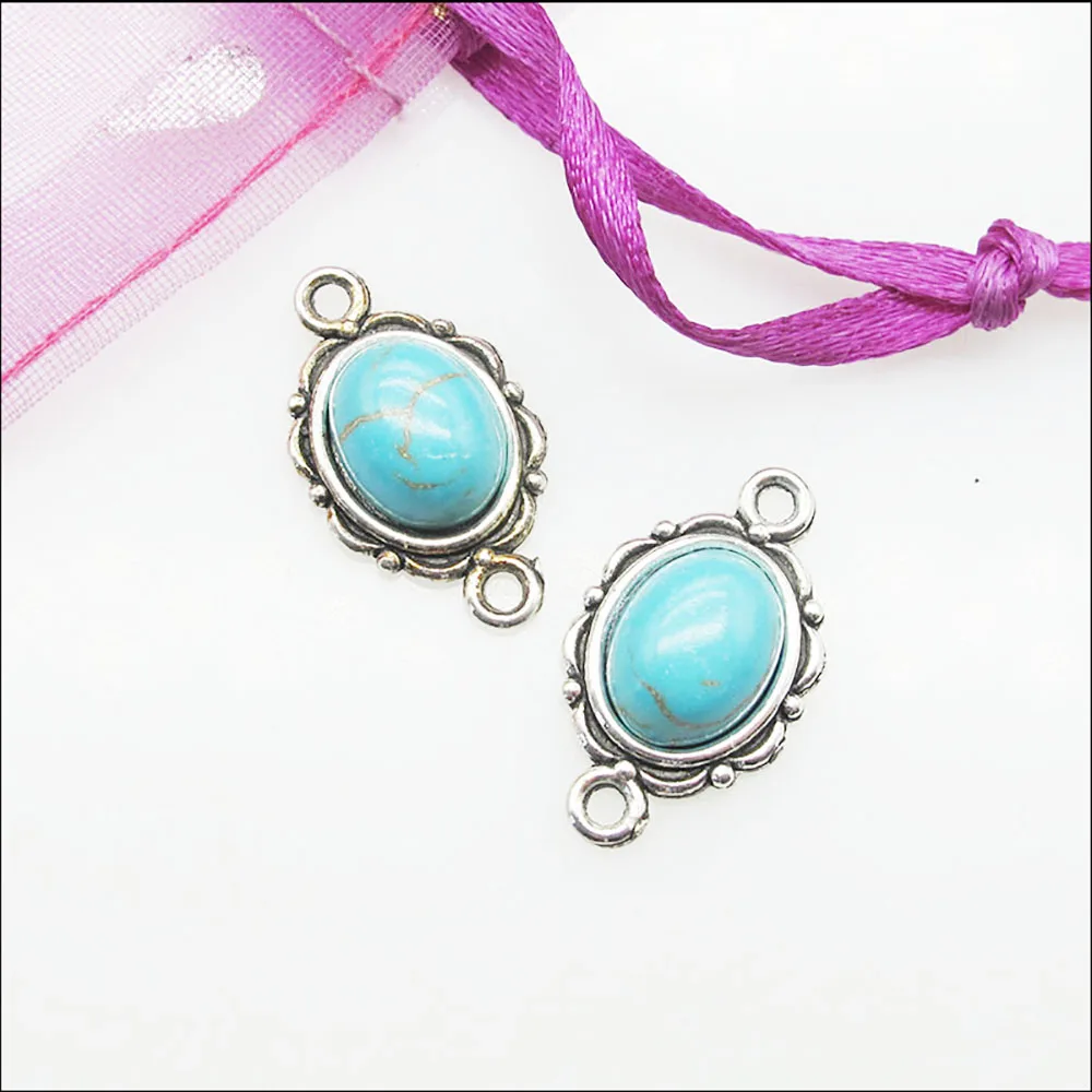 Fashion 20Pcs Retro Gold Color Tibetan Silver Tone Oval Flower Blue&Red Stone Charms Connectors 12x21mm