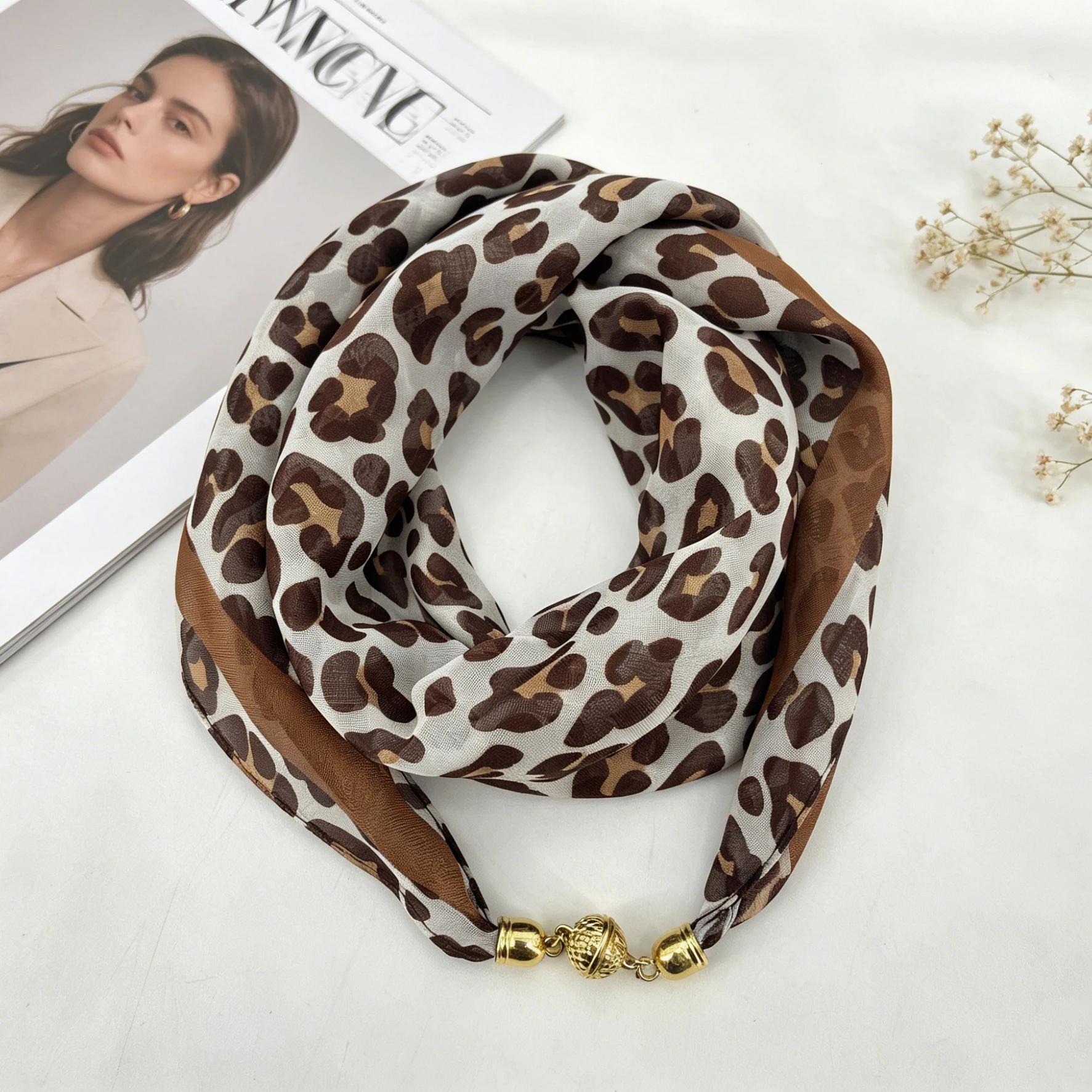 Leopard Print Magnetic Buckle Scarf, 60cm Square Thin Chiffon Neck Scarf, Quick & Easy Wear Fastening Neck Wrap,Decorative Scarf image 5