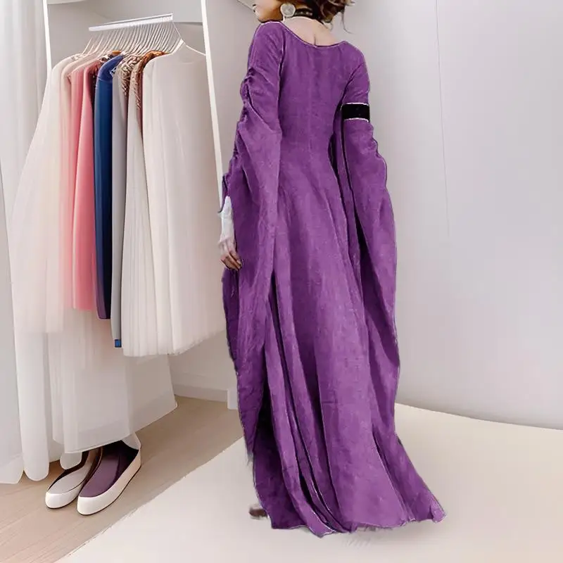 

Элегантное длинное платье с длинными рукавами, круглым вырезом и поясом, в винтажном стиле, для Хэллоуина, с завышенной талией, повседневное, из полиэстера