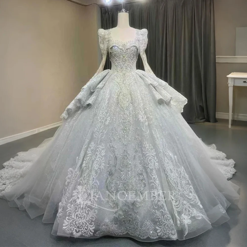 

Customzied Gorgeous Court Train Lace Ball Gown Wedding Dress Square Collar Long Sleeves Princess Bridal Gown свадебное платье