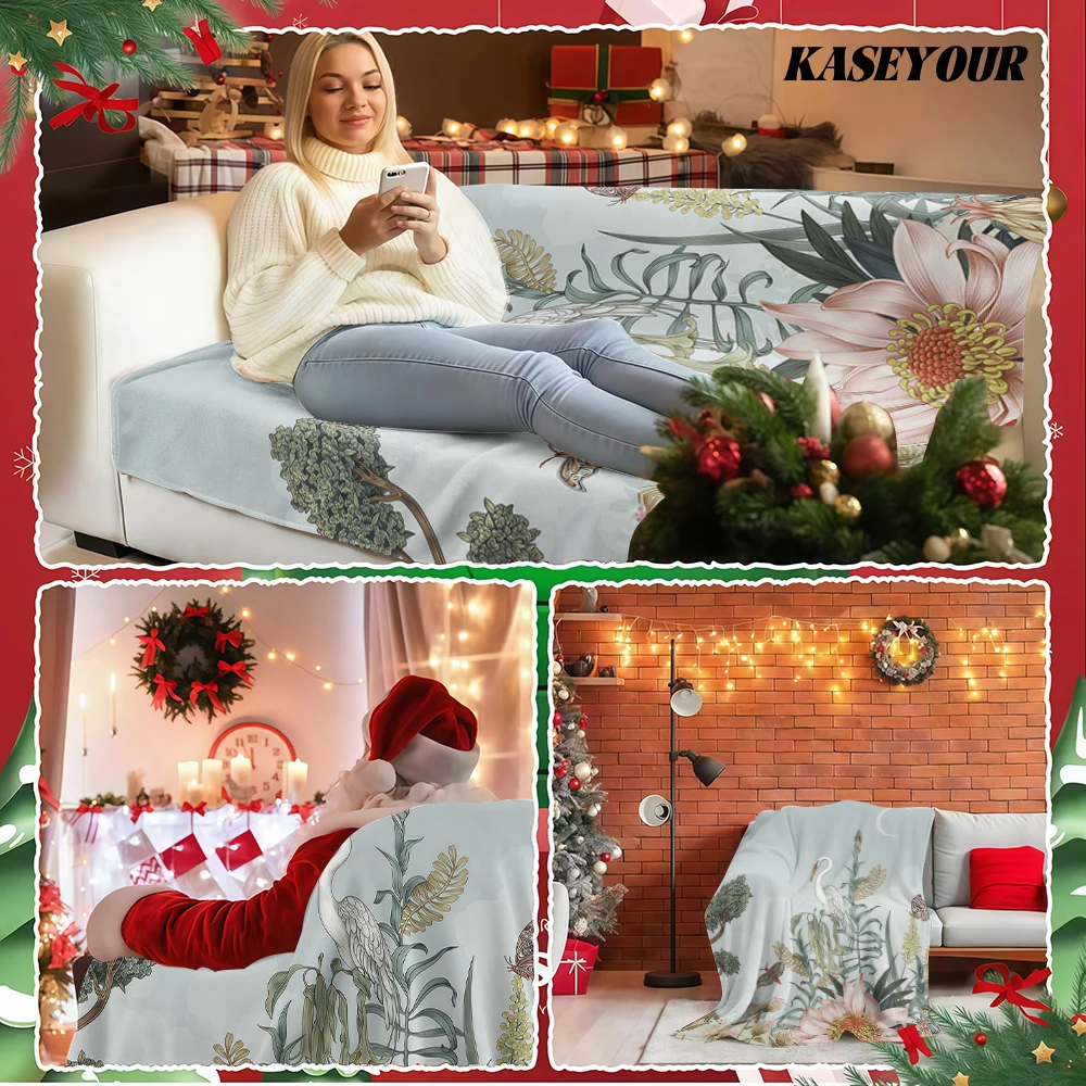 Chinoiserie Egret Floral Moth Flannel Blanket Soft Fuzzy Plush Cozy Warm Throw for Sofa Bed Couch Home Decor