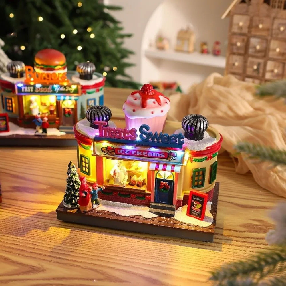 Boîte à octaves scintillante de noël créative, boîte à musique rotative en résine pour enfants, lumières de noël, maison lumineuse, Village de noël
