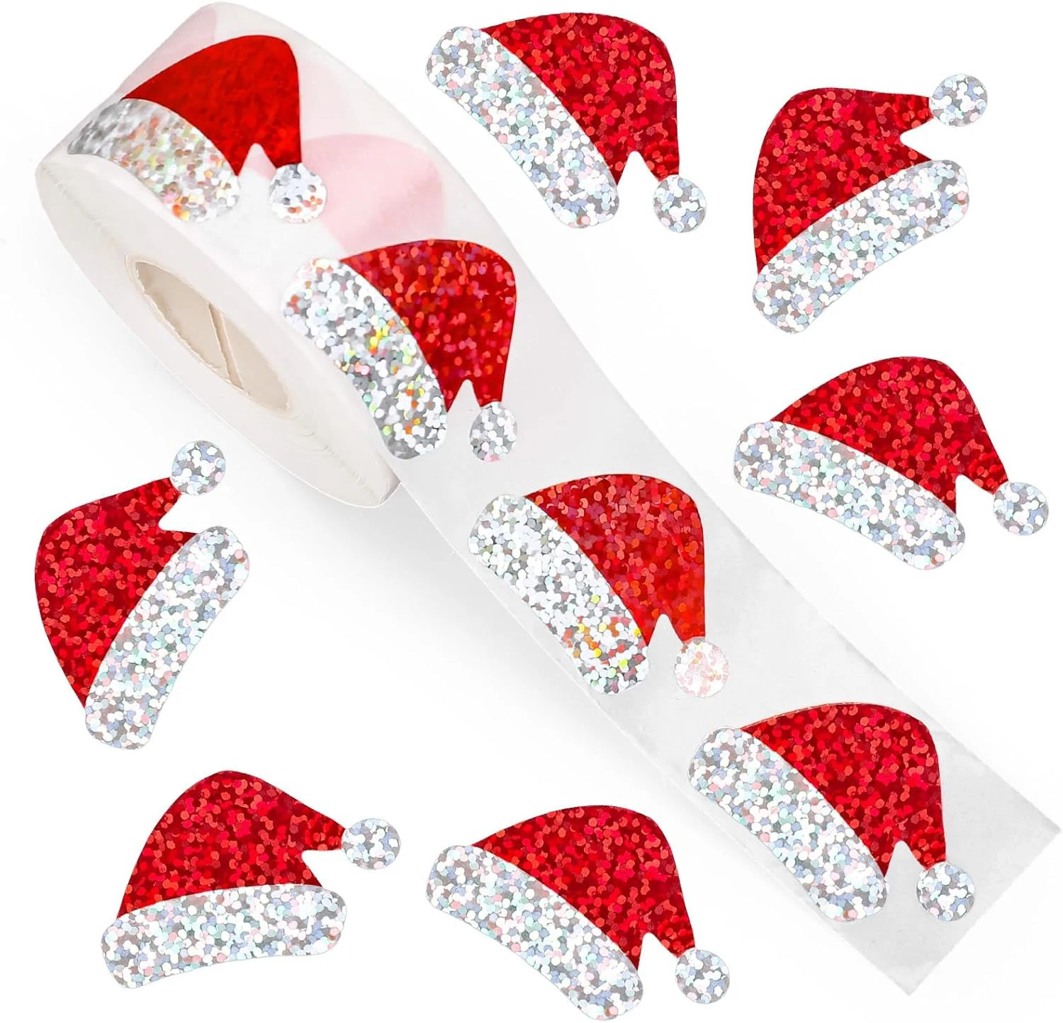500Pcs Laser Santa Hat Xmas Stickers Glitter Christmas Sealing Decals for Envelope Journal Gift Decor